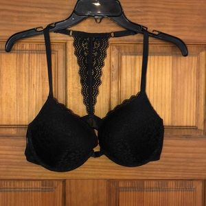 Black lacy hook in the front racerback bra